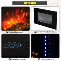 Camino Elettrico da Parete Potenza 1000W/2000W Effetto Fiamma 7 Colori con Telecomando 90 × 9.5 × 56cm
