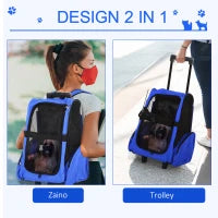 Trasportino Zaino 2 in 1 per Cani e Gatti con Tasche Laterali, Maniglia Telescopica e Ruote, 42x25x55cm, Azzurro