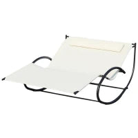 Lettino Prendisole 2 Posti, Sdraio da Giardino a Dondolo in Metallo e Texteline, 140x200x36-88cm, Bianco Crema