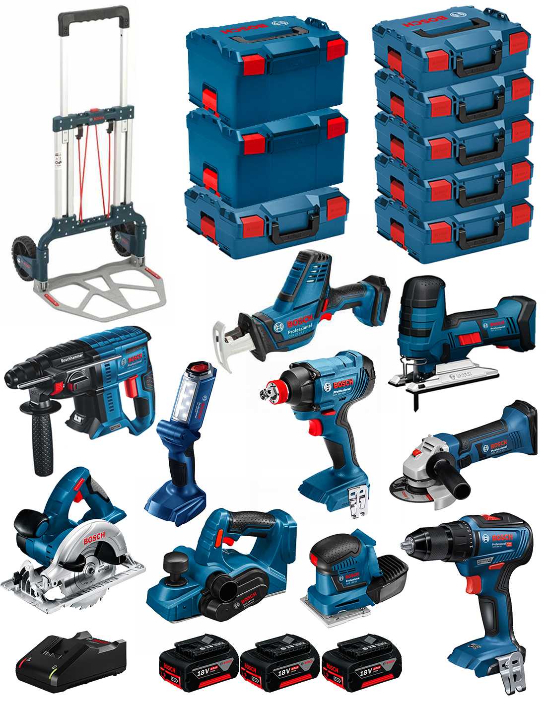 Bosch professional bosch kit 18v bk1001 (gst18v-lis+gks18v-li+gbh18v-21+gws18-125v-li+gsr18v-55+gsa18v-lic+gdx18v-180+gli18v-300+gho18v-li+3x4,0ah) 8435587915843