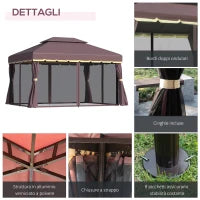 Gazebo da Giardino 3x4m con Doppio Tetto, Zanzariera e Tende, Alluminio e Poliestere, Color Caffè