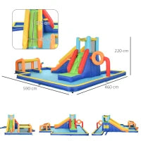 Castello Gonfiabile per Bambini 3-8 Anni con Scivolo, Parete, Porta e Canestro, in Tessuto Oxford, 590x460x220 cm