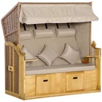 Sedia a Sdraio 3 Posti Lettino con Tetto 2 Tavolini Ribaltabili Poggiapiedi Chaise Longue Schienale Regolabile a 5 Posizioni XXL Poly Rattan Naturale 150 x 79 x 160 cm