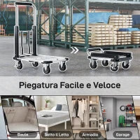 Carrello Portapacchi Pieghevole con Pedana Estensibile, Capacità 150 kg, Maniglia Regolabile, Argento