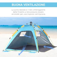 Tenda da Spiaggia Pop Up con Porta a Cerniera, in Poliestere e Fibra di Vetro, 220x173x120 cm, Blu Chiaro e Giallo