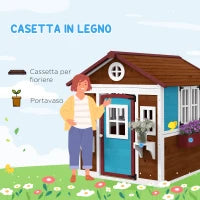 Casetta per Bambini 3-8 Anni con Tetto Inclinabile, Vasi e Fioriere, in Legno di Abete, 114x126.4x135 cm