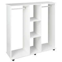 Armadio Guardaroba a Rotelle con 2 Barre e 3 Ripiani Aperti, in Legno e Alluminio, 120x40x128 cm, Bianco