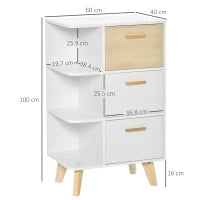 Mobiletto Multiuso con 3 Ripiani Aperti e Cassetti, Mobile per Soggiorno, Cucina, Ufficio in Legno Bianco, 60x40x100cm