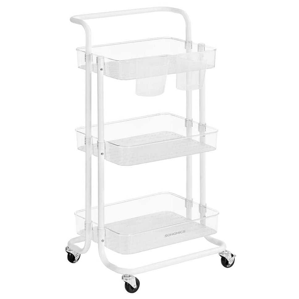 Carrello di servizio mobile a 3 livelli con ruote ripiano portaoggetti con maniglia 2 pentole 2 freni cestini in plastica facile da montare per camera da letto cucina bianco 12_0005040