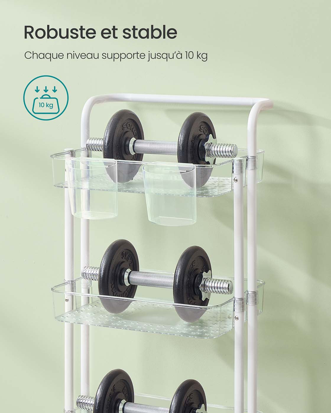 Carrello di servizio mobile a 3 livelli con ruote ripiano portaoggetti con maniglia 2 pentole 2 freni cestini in plastica facile da montare per camera da letto cucina bianco 12_0005040