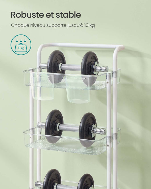 Carrello di servizio mobile a 3 livelli con ruote ripiano portaoggetti con maniglia 2 pentole 2 freni cestini in plastica facile da montare per camera da letto cucina bianco 12_0005040