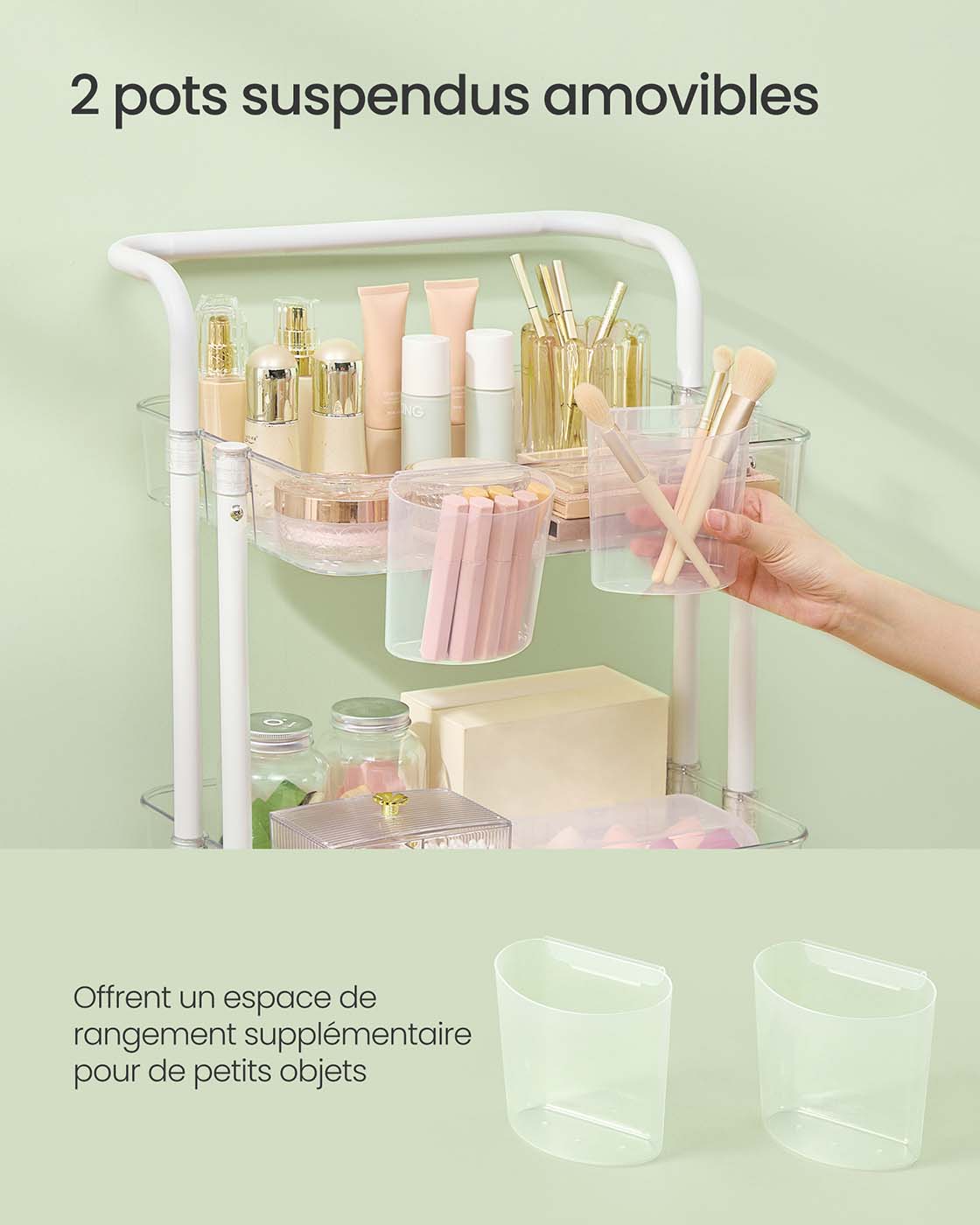 Carrello di servizio mobile a 3 livelli con ruote ripiano portaoggetti con maniglia 2 pentole 2 freni cestini in plastica facile da montare per camera da letto cucina bianco 12_0005040