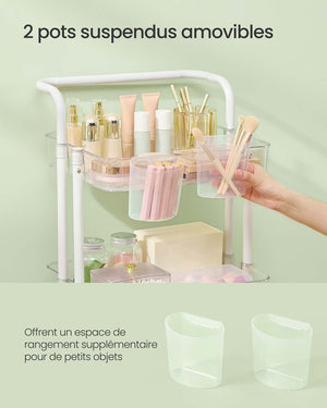 Carrello di servizio mobile a 3 livelli con ruote ripiano portaoggetti con maniglia 2 pentole 2 freni cestini in plastica facile da montare per camera da letto cucina bianco 12_0005040