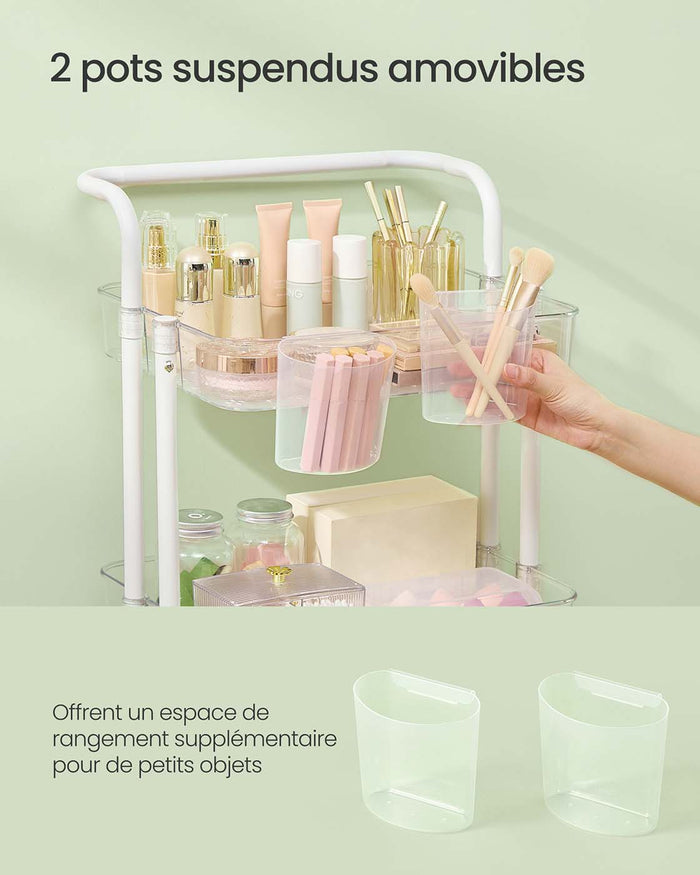 Carrello di servizio mobile a 3 livelli con ruote ripiano portaoggetti con maniglia 2 pentole 2 freni cestini in plastica facile da montare per camera da letto cucina bianco 12_0005040