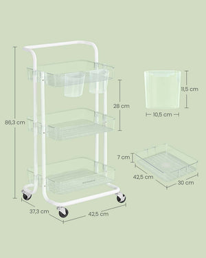 Carrello di servizio mobile a 3 livelli con ruote ripiano portaoggetti con maniglia 2 pentole 2 freni cestini in plastica facile da montare per camera da letto cucina bianco 12_0005040