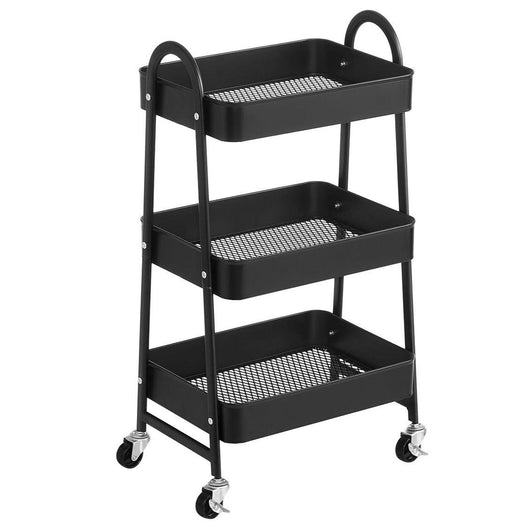 Carrello mobile a 3 livelli con ruote Ripiano portaoggetti in metallo con maniglie 2 freni Montaggio semplice per officina Camera da letto Cucina Lavanderia Nero 12_0002728