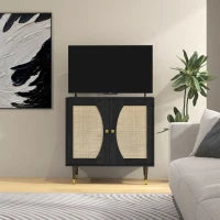 Credenza da Cucina, Mobiletto di Archiviazione a Doppia Anta con 2 Livelli, Design Bohémien,, Frontale in Rattan, 80 x 38 x 79 cm, Nero