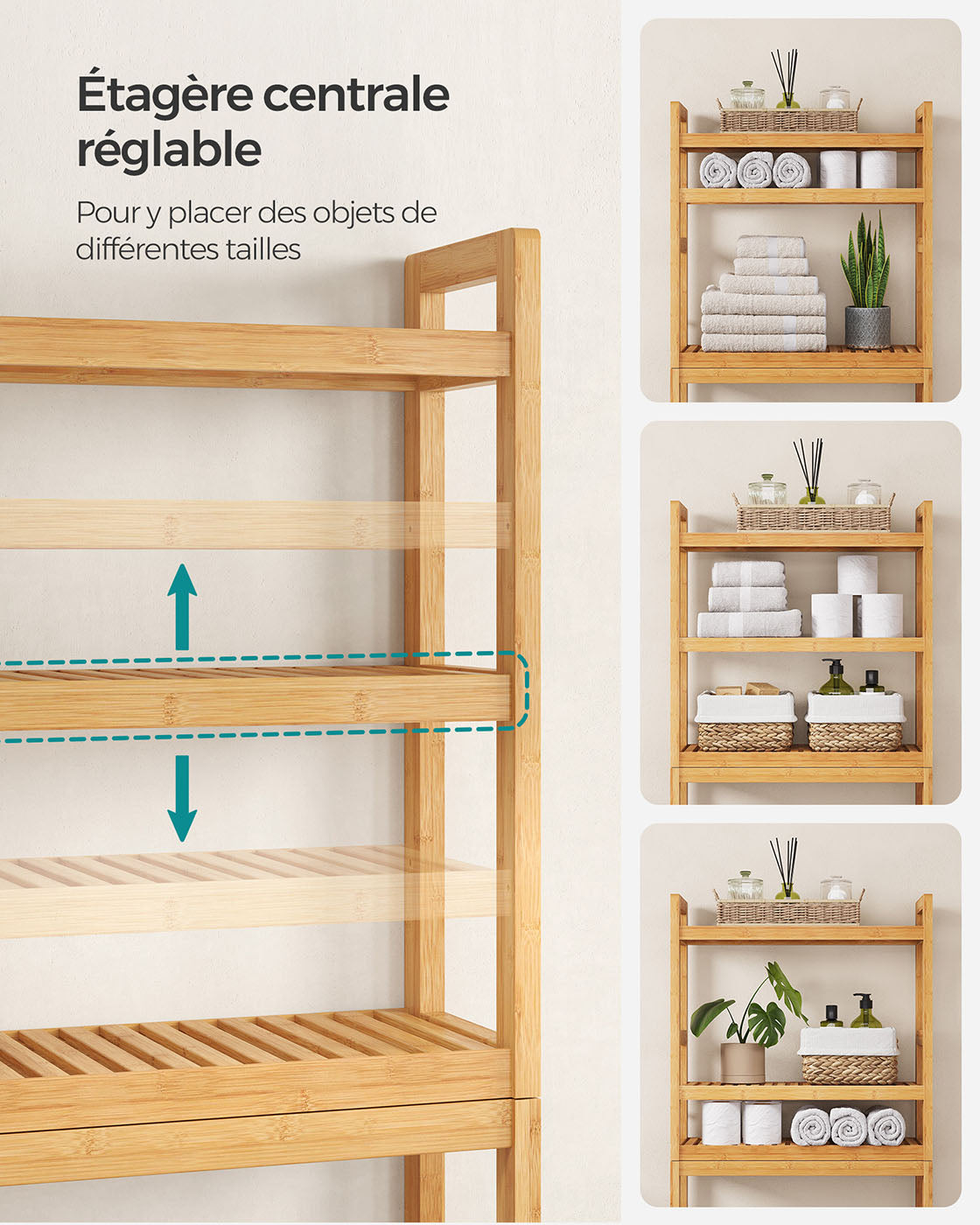 Mobiletto portaoggetti per WC ripiano sopra il WC 26 x 63 x 163 cm scaffale portaoggetti in bambù a 3 ripiani organizer per bagno con ripiani regolabili capacità di carico di 15 kg per ripiano facile da montare bianco 12_0006593