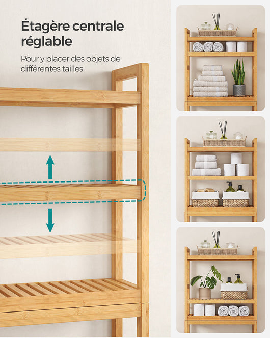 Mobiletto portaoggetti per WC ripiano sopra il WC 26 x 63 x 163 cm scaffale portaoggetti in bambù a 3 ripiani organizer per bagno con ripiani regolabili capacità di carico di 15 kg per ripiano facile da montare bianco 12_0006593