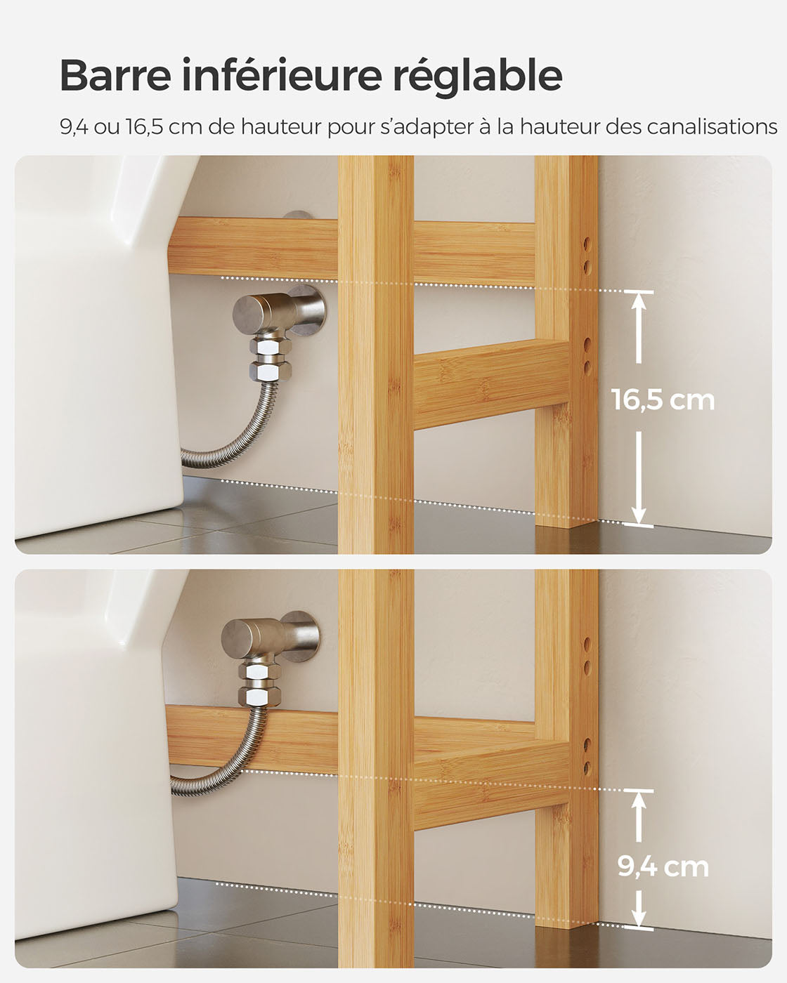 Mobiletto portaoggetti per WC ripiano sopra il WC 26 x 63 x 163 cm scaffale portaoggetti in bambù a 3 ripiani organizer per bagno con ripiani regolabili capacità di carico di 15 kg per ripiano facile da montare bianco 12_0006593