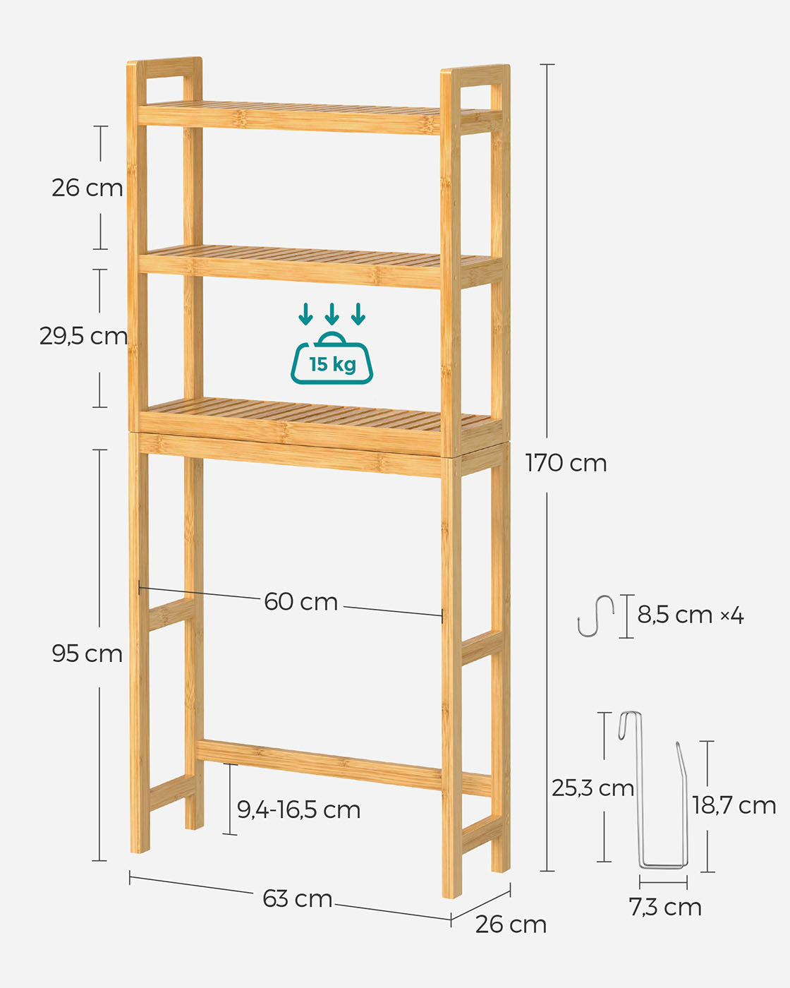 Mobiletto portaoggetti per WC ripiano sopra il WC 26 x 63 x 163 cm scaffale portaoggetti in bambù a 3 ripiani organizer per bagno con ripiani regolabili capacità di carico di 15 kg per ripiano facile da montare bianco 12_0006593