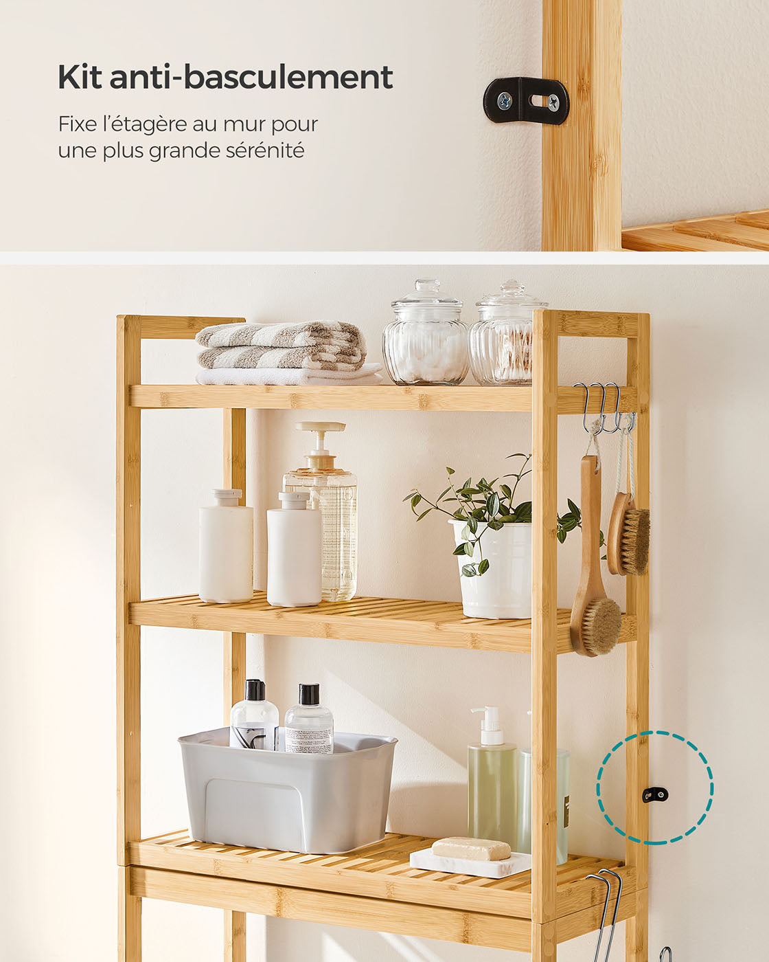 Mobiletto portaoggetti per WC ripiano sopra il WC 26 x 63 x 163 cm scaffale portaoggetti in bambù a 3 ripiani organizer per bagno con ripiani regolabili capacità di carico di 15 kg per ripiano facile da montare bianco 12_0006593