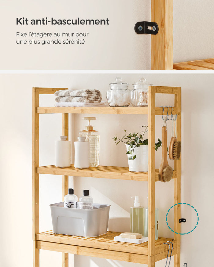 Mobiletto portaoggetti per WC ripiano sopra il WC 26 x 63 x 163 cm scaffale portaoggetti in bambù a 3 ripiani organizer per bagno con ripiani regolabili capacità di carico di 15 kg per ripiano facile da montare bianco 12_0006593