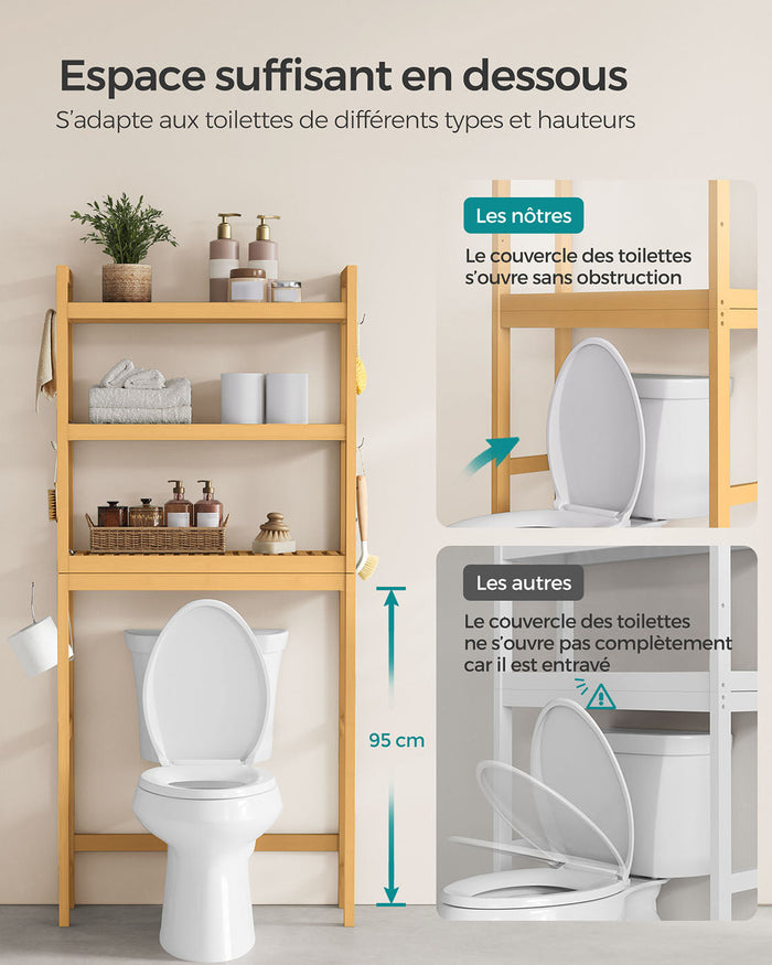 Mobiletto portaoggetti per WC ripiano sopra il WC 26 x 63 x 163 cm scaffale portaoggetti in bambù a 3 ripiani organizer per bagno con ripiani regolabili capacità di carico di 15 kg per ripiano facile da montare bianco 12_0006593