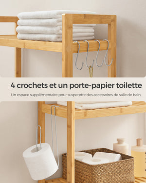 Mobiletto portaoggetti per WC ripiano sopra il WC 26 x 63 x 163 cm scaffale portaoggetti in bambù a 3 ripiani organizer per bagno con ripiani regolabili capacità di carico di 15 kg per ripiano facile da montare bianco 12_0006593