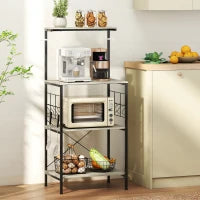 Scaffale Cucina a 4 Livelli con Pannelli a Rete e 8 Ganci Stile Industriale, 60x42x134.5 cm, Rovere