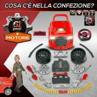 Officina Camion Giocattolo con Motore e 61 Accessori per Bambini 3-5 Anni, Ruote e Maniglia, 40x39x47cm, Rosso
