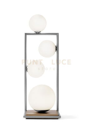 BUBLE LAMPADA DA TAVOLO 4 SFERE ACCIAIO SPAZZOLATO PARTICOLARI BRONZO ATTACCO G9 DIMMERABILE