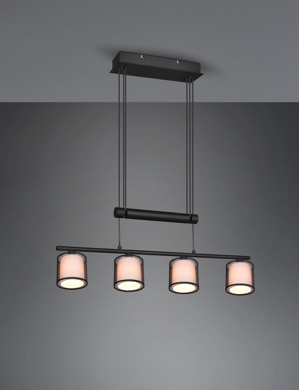 BURTON SOSPENSIONE METALLO NERO 4 PARALUMI BIANCHI E DIFFUSORI ESTERNI TRAFORATI NERI CON SISTEMA DI REGOLAZIONE ALTEZZA A BILANCERE L. 82,5CM ATTACCO E14