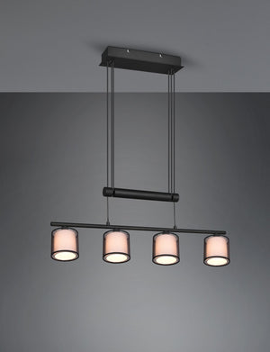 BURTON SOSPENSIONE METALLO NERO 4 PARALUMI BIANCHI E DIFFUSORI ESTERNI TRAFORATI NERI CON SISTEMA DI REGOLAZIONE ALTEZZA A BILANCERE L. 82,5CM ATTACCO E14