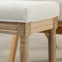 Poggiapiedi in Stile Rustico, Rivestito in Tessuto Effetto Lino con Gambe Intagliate in Legno Massiccio, Seduta Imbottita, Beige