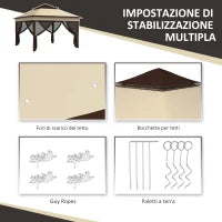 Gazebo 3x3 Regolabile su 3 Livelli con Pareti Rimovibili, in Acciaio e tessuto Oxford, color Caffè e Beige