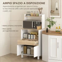 Mobiletto per Microonde in Legno con Mensola, Ripiano Aperto, Cassetto e Armadietto, 60x40x131 cm, Bianco