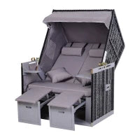 Sdraio da Spiaggia Reclinabile a 2 Posti con Tettuccio Parasole e Cassetti, Grigio