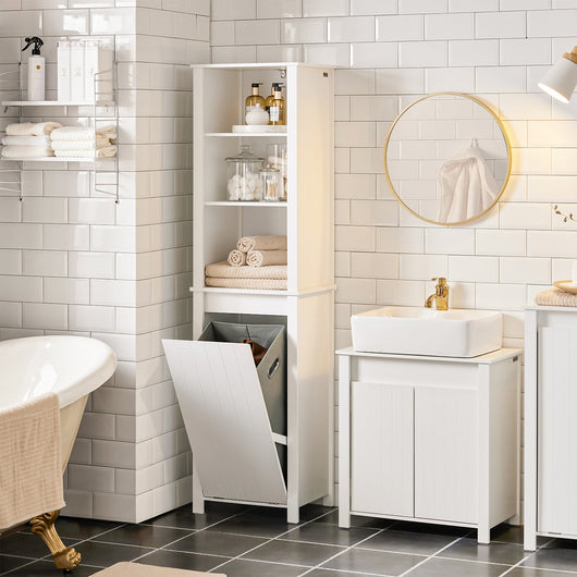 Mobile Colonna Bagno Mobile Alto Con Portabiancheria Apribile Mobile Bagno Mobile Bagno Stretto Bianco 45x35x171cm BZR102-W SoBuy