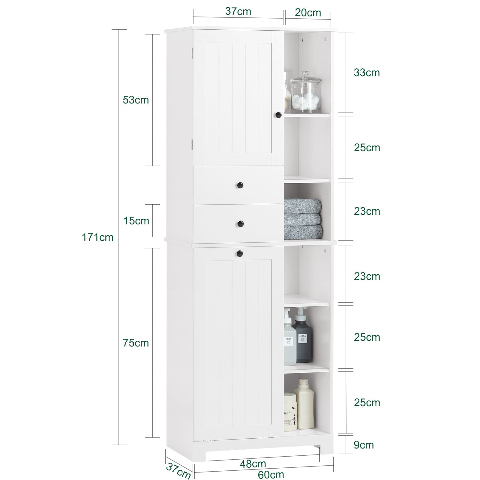 Mobile Alto Con Portabiancheria Apribile Armadietto Da Pavimento Mobile Bagno Bianco 60x37x171cm BZR104-W