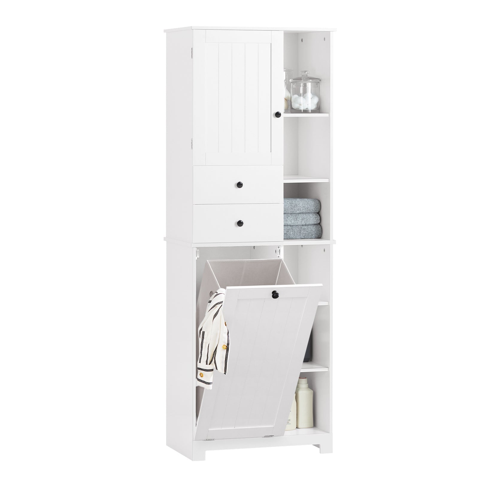 Mobile Alto Con Portabiancheria Apribile Armadietto Da Pavimento Mobile Bagno Bianco 60x37x171cm BZR104-W