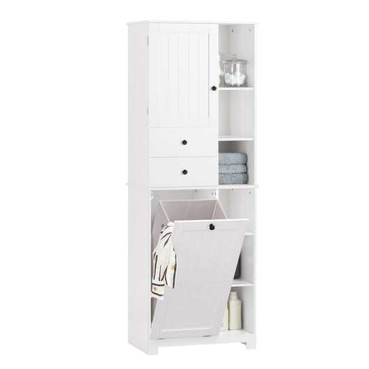 Mobile Alto Con Portabiancheria Apribile Armadietto Da Pavimento Mobile Bagno Bianco 60x37x171cm BZR104-W