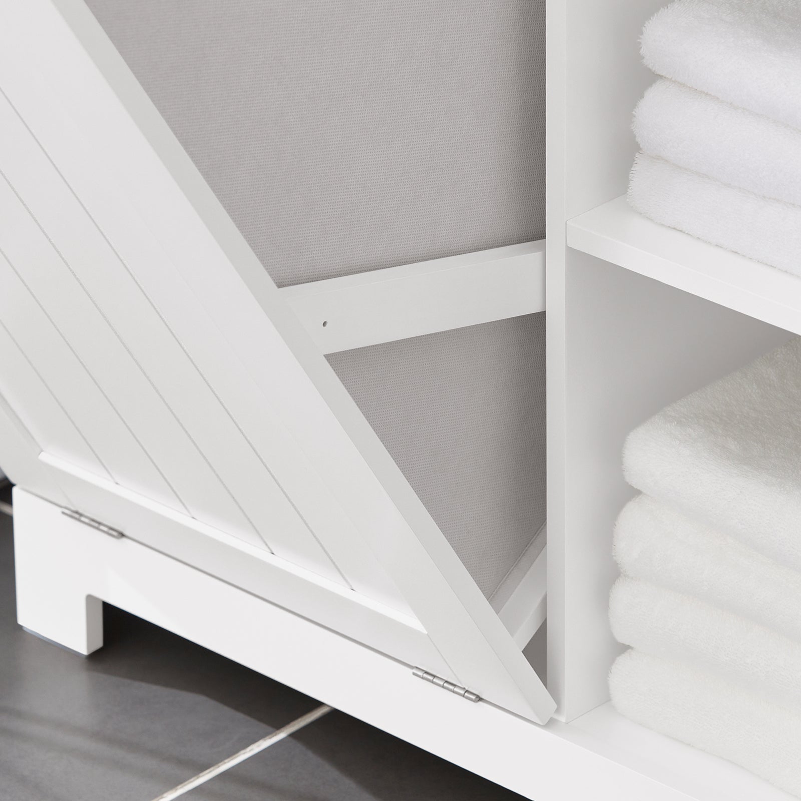 Mobile Alto Con Portabiancheria Apribile Armadietto Da Pavimento Mobile Bagno Bianco 60x37x171cm BZR104-W