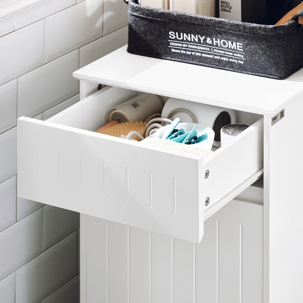 SoBuy Armadietto da Bagno con Cesto portabiancheria –Mobile Lavanderia con Cassetto – Armadio Compatto per Piccoli Spazi, Mobiletto Bagno Salvaspazio in Legno, 40x90x38cm, Bianco, BZR110-W