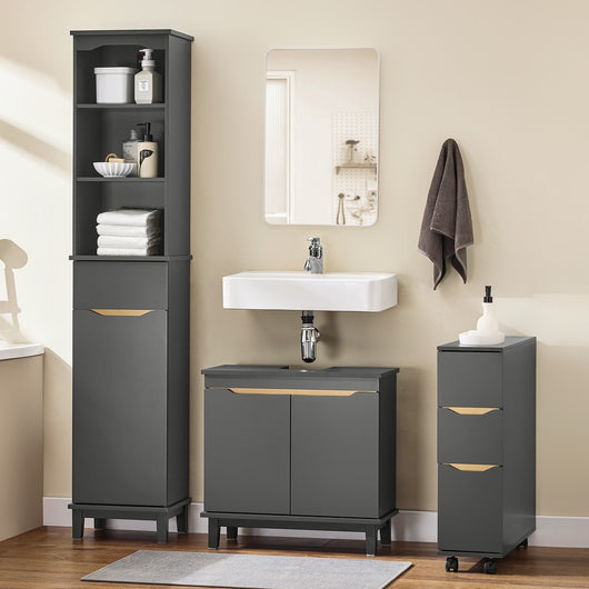 SoBuy Mobile Bagno Salvaspazio Colonna Alta con 3 Ripiani Aperti e Anta con Cassetto Mobiletto Bagno Stretto per Piccoli Spazi Armadietto Salvaspazio per Lavanderia e WC 35 x 30 x 170 cm BZR112-DG