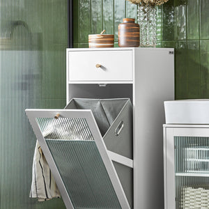 Mobile Lavanderia Con Portabiancheria Apribile Cesto Portabiancheria Con Anta In Vetro Mobile Bagno Biaco 40x40x96cm BZR116-W SoBuy