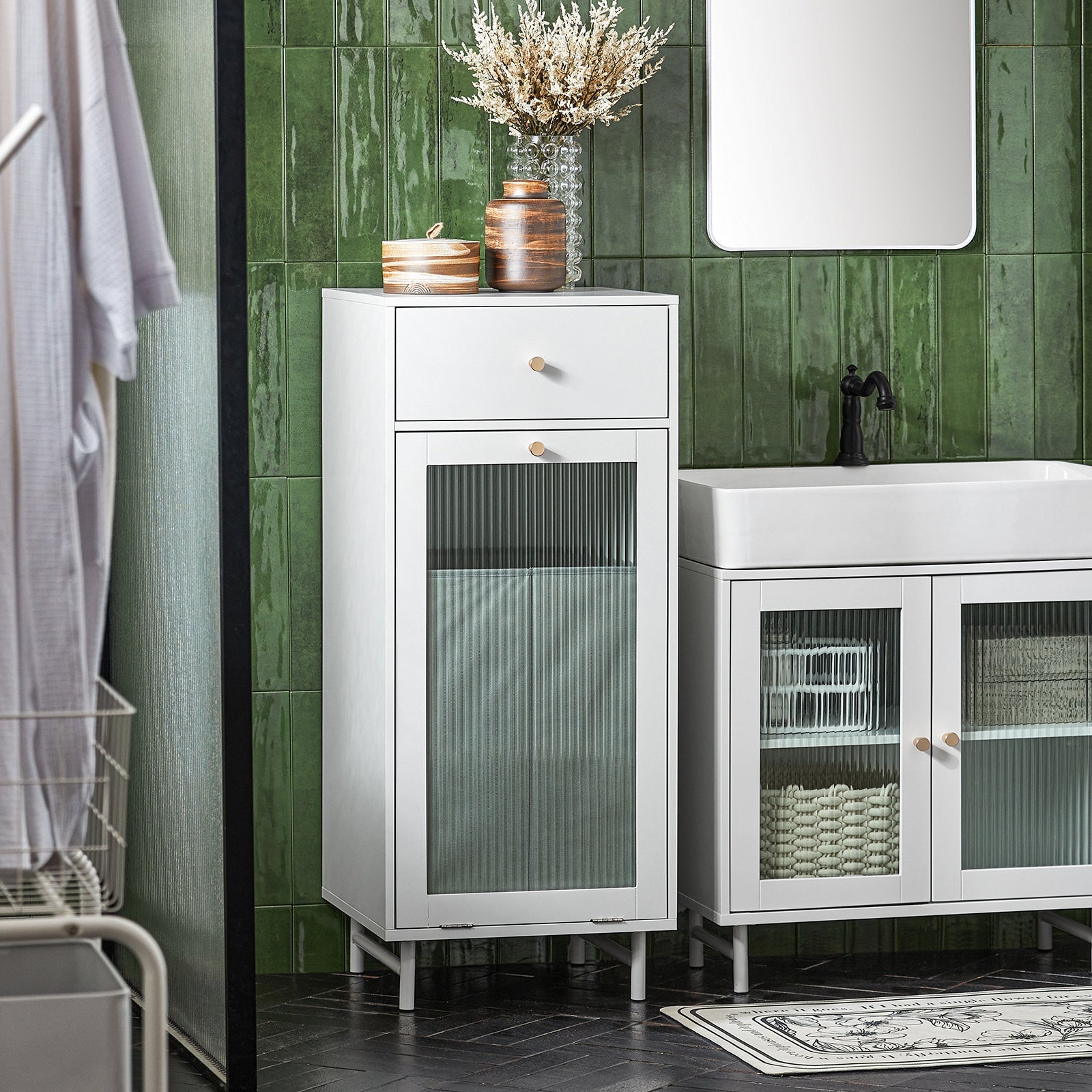 Mobile Lavanderia Con Portabiancheria Apribile Cesto Portabiancheria Con Anta In Vetro Mobile Bagno Biaco 40x40x96cm BZR116-W SoBuy