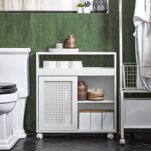 Mobile Nicchia Con Ruote Carrellino Salvaspazio Con Due Ante Scorrevoli In Rattan Mobile Bagno Bianco 20x65x70cm BZR119-W SoBuy