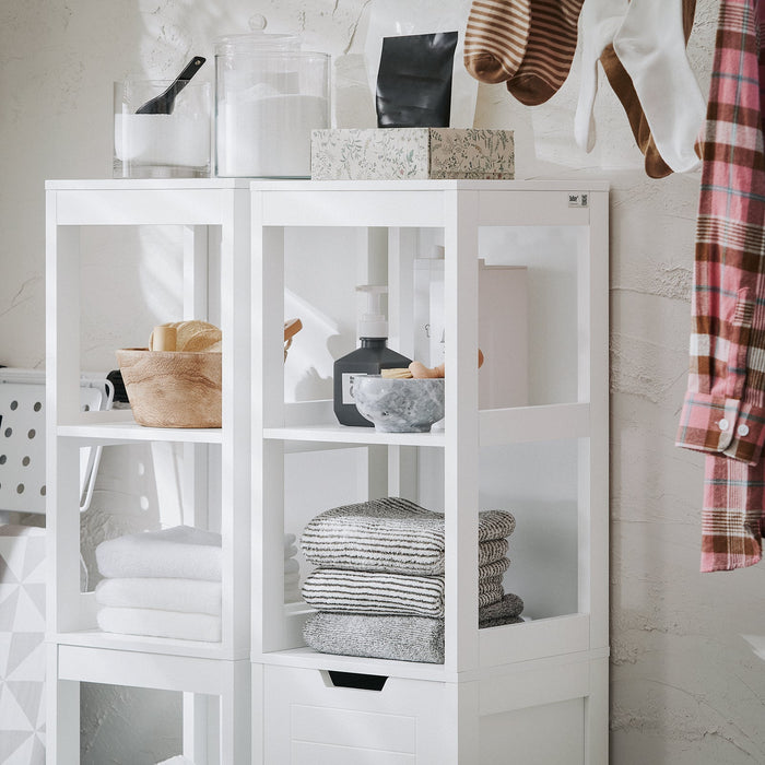 Mobile Alto Con Sacco Portabiancheria Pieghevole Mobiletto Bagno Scaffale Bianco 30x30x145cm BZR123-W SoBuy