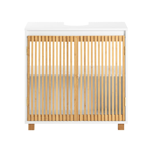 Mobile Sottolavabo Con Due Ante In Bambù Mobile Base Mobiletto Del Bagno Senza Lavandino Bianco-Naturale 60x33x60cm BZR125-W SoBuy